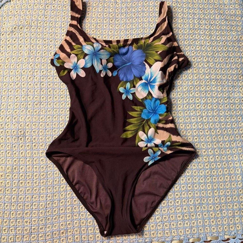 Roxanne Vintage Y2K Brown Teal Hibiscus Floral One Piece Swimsuit 12 36C